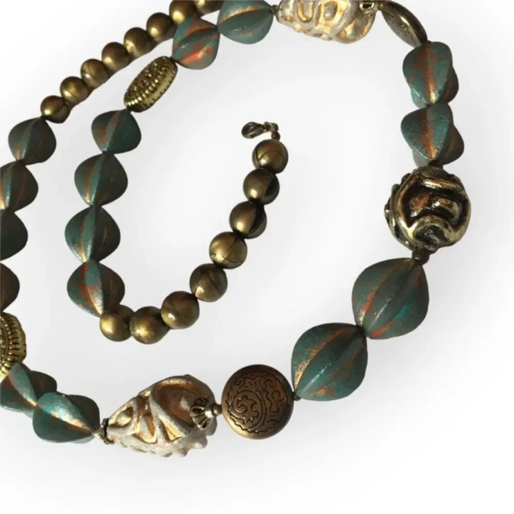 Teal / bronze / gold tone mixed textures statement necklace